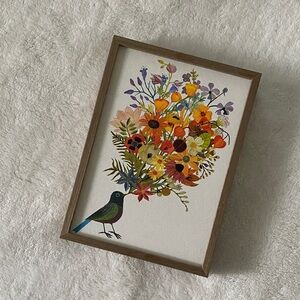 Floral Bird Art in Wooden Frame